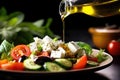 a close-up of a bottle pouring olive oil on a greek salad Royalty Free Stock Photo