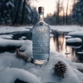 Close-up of a bottle standing in the snow on the shore of a lake in winter Royalty Free Stock Photo