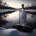 Close-up of a bottle standing in the snow on the shore of a lake in winter Royalty Free Stock Photo