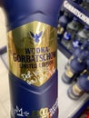 Close up of bottle wodka Gorbatschow blue edition in shelf of german supermarket Royalty Free Stock Photo