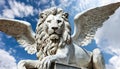 Statue of the Winged Lion of Saint Mark Against a Blue Sky with Clouds - Generative Ai