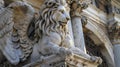 Close-up and bottom view of the marble statue of the Winged Lion of Saint Mark