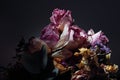 Close up of bouquet of dried flowers over dark background with copy space