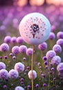 close-up of a bouquet of flowers in a field, cotton candy, magic wand, purple, sphere, cute beauty, very surreal garden, extremely Royalty Free Stock Photo