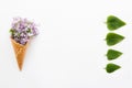 Close up Bouquet of purple lilac flowers in the waffle cone and raw of green leafs on the white background. Top view. Flat lay. Sp Royalty Free Stock Photo