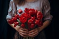 Close-up of a bouquet of red tulips in the hands of a girl in a vintage dress Royalty Free Stock Photo