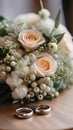A close-up of a bouquet of wedding flowers and a pair of wedding rings on a wooden table illustration AI Generated Artwork