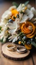 A close-up of a bouquet of wedding flowers and a pair of wedding rings on a wooden table illustration AI Generated Artwork