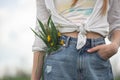 Close-up of a bouquet of wildflowers from the pocket of a teenage girl`s denim pants Royalty Free Stock Photo