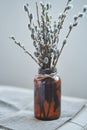 Close-up of a bouquet of willow branches in a brown glass vase as an interior decoration for the Easter holiday on Palm