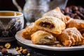 Close-up of bourekas with a sweet filling of chopped dates, nuts, and cinnamon, dusted with powdered sugar