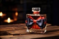 close-up of a bow tie and perfume bottle on a wooden table Royalty Free Stock Photo