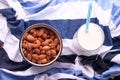 Top view of bowl of almond nuts and milk on table cloth