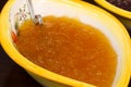 Close up of bowl of apricot jam. Food background. Royalty Free Stock Photo