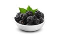 Close up bowl of blackberries isolated on white background low angle studio shot with full depth of field Royalty Free Stock Photo