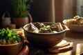 A bowl of Bulalo soup, slow-cooking beef shanks and bone marrow Filipino food. Generative AI