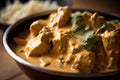 close-up of bowl of chicken tikka masala, with creamy sauce and tender chunks of chicken