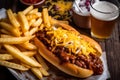 Close-up of a bowl of chili con carne chili dogs with melted cheddar cheese, served with a side of crispy french fries Royalty Free Stock Photo