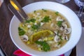 Noodle Bowl With vegetables and dumplings. Close up of a bowl Chinese style on wooden background Royalty Free Stock Photo