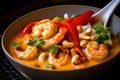 Close-up of a bowl of creamy coconut curry with tender shrimp and bell peppers, topped with chopped peanuts