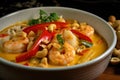 Close-up of a bowl of creamy coconut curry with tender shrimp and bell peppers, topped with chopped peanuts