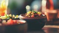 A close up of a bowl filled with food on top of another, AI