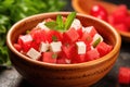 close-up of a bowl filled with juicy watermelon cubes and feta cheese Royalty Free Stock Photo