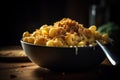 close up of bowl filled with mac and chili cream