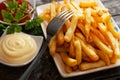 Close up of bowl with french fries and fork