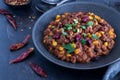 Close up of a bowl of homemade black bean and corn chili, ready for eating. Royalty Free Stock Photo