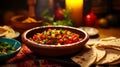 Close-up of bowl of homemade salsa and freshly baked tortillas, Blurred background creates an atmosphere of cozy mea Royalty Free Stock Photo