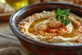 Close-up of a Bowl of Hummus, A detailed close-up of a bowl filled with Hummus and olive oil, AI Generated