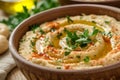 Close-Up of a Bowl of Hummus, A detailed close-up of a bowl filled with Hummus and olive oil, AI Generated