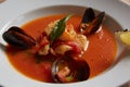 Close up of a bowl of italian seafood soup