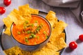 Close-up bowl with mexican tomato salsa sauce with herbs and corn chips on the table Royalty Free Stock Photo