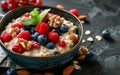 Close-up of a bowl of oatmeal with berries and nuts.