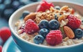 Close-up of a bowl of oatmeal with berries and nuts.