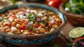 Close-up a bowl of pozole, a traditional Mexican stew made with hominy, pork or chicken, and garnished with various toppings