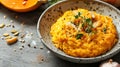 A close-up of a bowl of pumpkin risotto with fresh thyme, garlic, and pumpkin seeds Royalty Free Stock Photo
