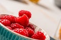 Close up of bowl of raspberries