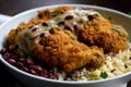 Close-up of a bowl of red beans and rice topped with crispy fried chicken and drizzled with honey mustard sauce Royalty Free Stock Photo