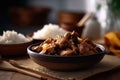 A bowl of rice and chicken adobo, Filipino food. Generative AI