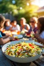 Close up of a bowl of salad on a picnic table with friends in the background Royalty Free Stock Photo