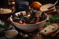 close-up of bowl of seafood soup, with mussels and other ingredients in view