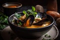 close-up of bowl of seafood soup, with mussels and other ingredients in view