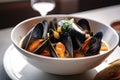 close-up of bowl of seafood soup, with mussels and other seafood in view