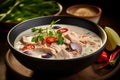 Bowl of Tom Kha Gai, chicken in coconut soup soup, Thailand food. Generative AI