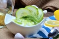 Close-up of bowl with Tzatziki - traditional Greek dressing or dip sauce, garlic, lemon, dill, cucumber, jug with oil, blue spoon Royalty Free Stock Photo