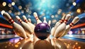 Close-up of a Bowling Ball Hitting Pins Scoring a Strike - Generative Ai Royalty Free Stock Photo