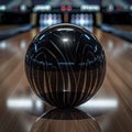 Close-up of a bowling ball on a shiny lane with pins in the background